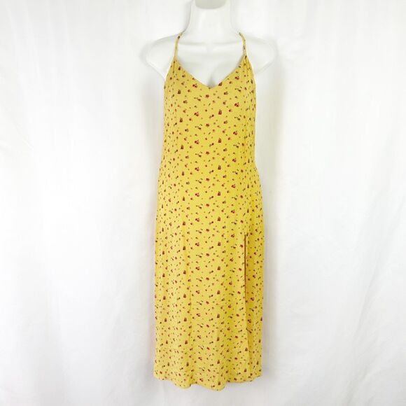 Reformation Crimini, Gwen Yellow Floral Print, Midi Slip Dress (8) Leg Slit - Picture 2 of 14